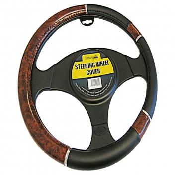 Image for Luxury Black and Wood Effect Steering Wheel Cover
