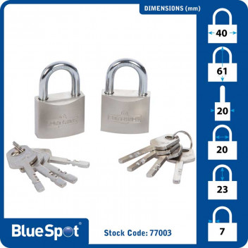 Image for Blue Spot 2 Keyed Alike Satin Finish Padlocks - 40mm