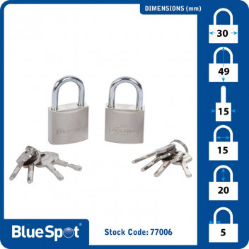 Image for Blue Spot 2 Keyed Alike Satin Finish Padlocks - 30mm