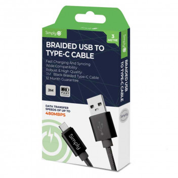 Image for Simply USB-C To USB-A Braided Cable - Black - 3 Metres